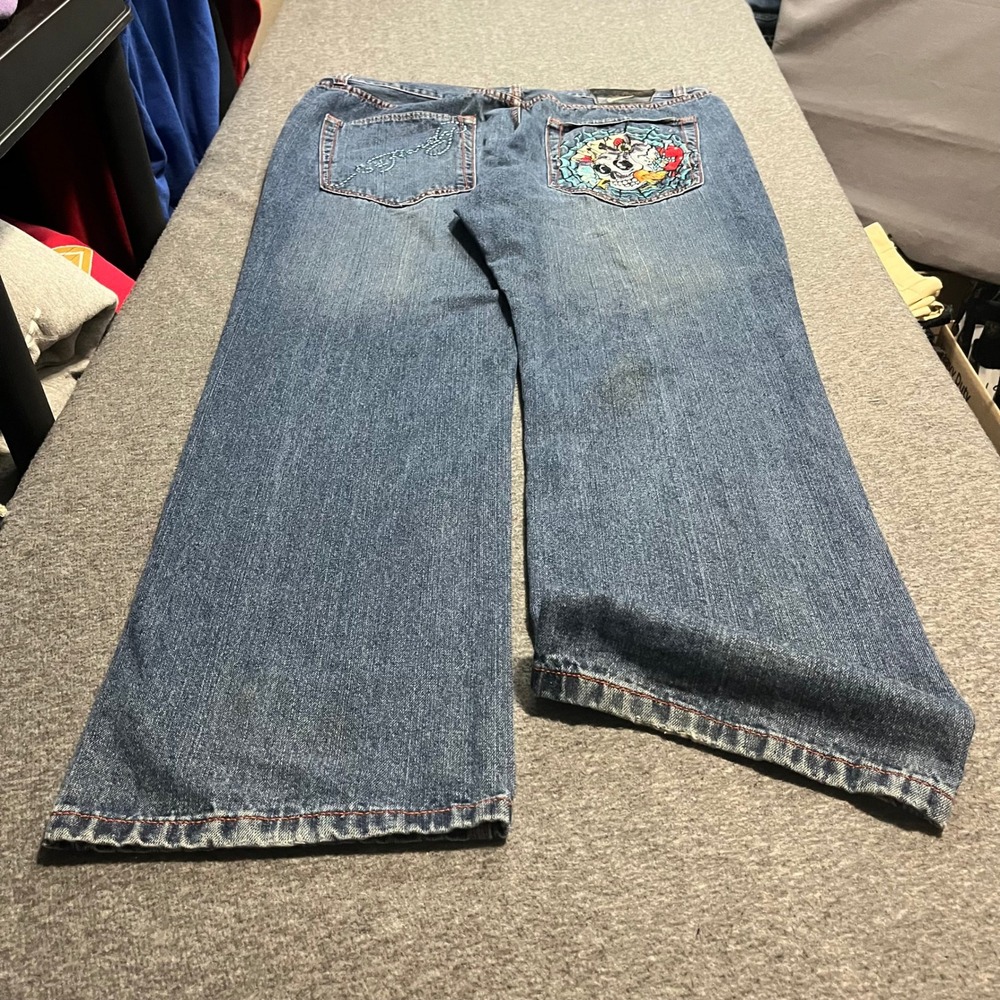 Ed Hardy Christian Audigier Mens 40x34 Embroidered Skull Tattoo Denim Jeans Blue